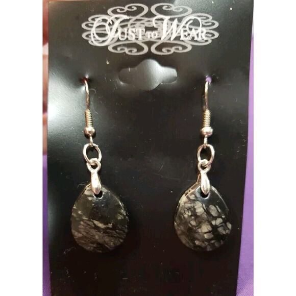 Natural Black Marbled Stone Dangle Earrings Teardrop Shape, Silver Tone, New - Picture 1 of 5